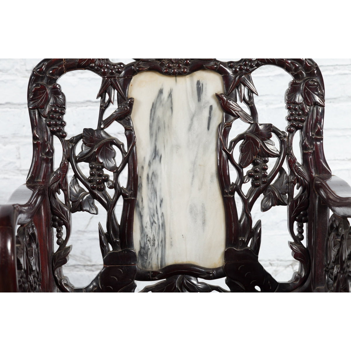 Pair of Chinese Hand Carved Rosewood Armchairs with Marble Splat and Dark Patina-14. Asian &amp; Chinese Furniture, Art, Antiques, Vintage Home Décor for sale at FEA Home