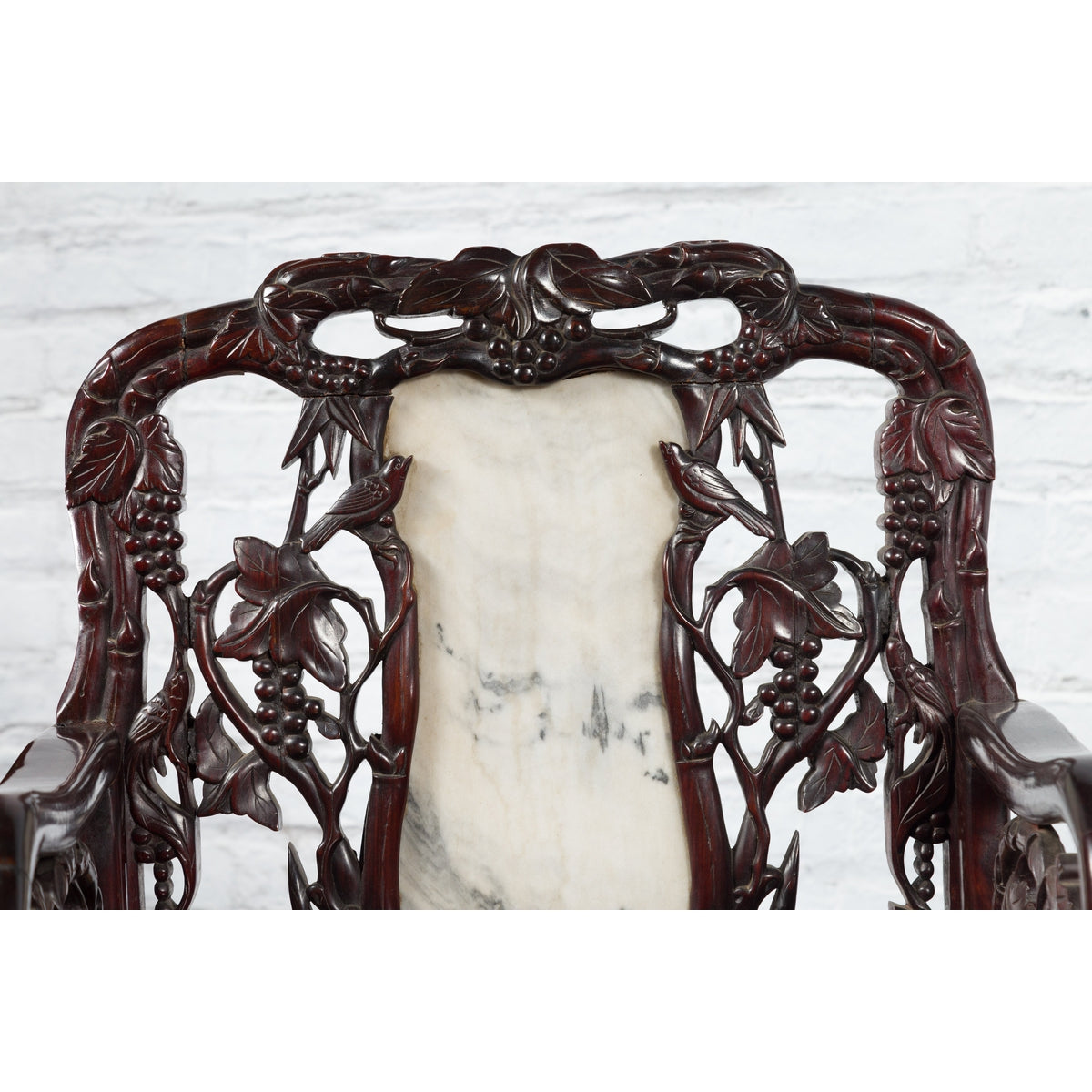 Pair of Chinese Hand Carved Rosewood Armchairs with Marble Splat and Dark Patina-15. Asian &amp; Chinese Furniture, Art, Antiques, Vintage Home Décor for sale at FEA Home