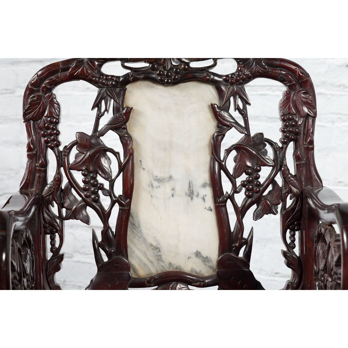 Pair of Chinese Hand Carved Rosewood Armchairs with Marble Splat and Dark Patina-16. Asian &amp; Chinese Furniture, Art, Antiques, Vintage Home Décor for sale at FEA Home
