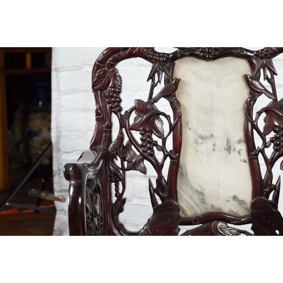 Pair of Chinese Hand Carved Rosewood Armchairs with Marble Splat and Dark Patina-17. Asian &amp; Chinese Furniture, Art, Antiques, Vintage Home Décor for sale at FEA Home