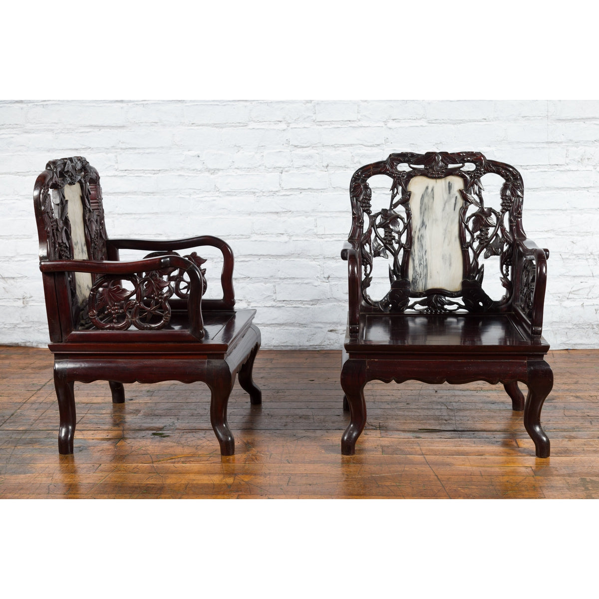 Pair of Chinese Hand Carved Rosewood Armchairs with Marble Splat and Dark Patina-7. Asian &amp; Chinese Furniture, Art, Antiques, Vintage Home Décor for sale at FEA Home