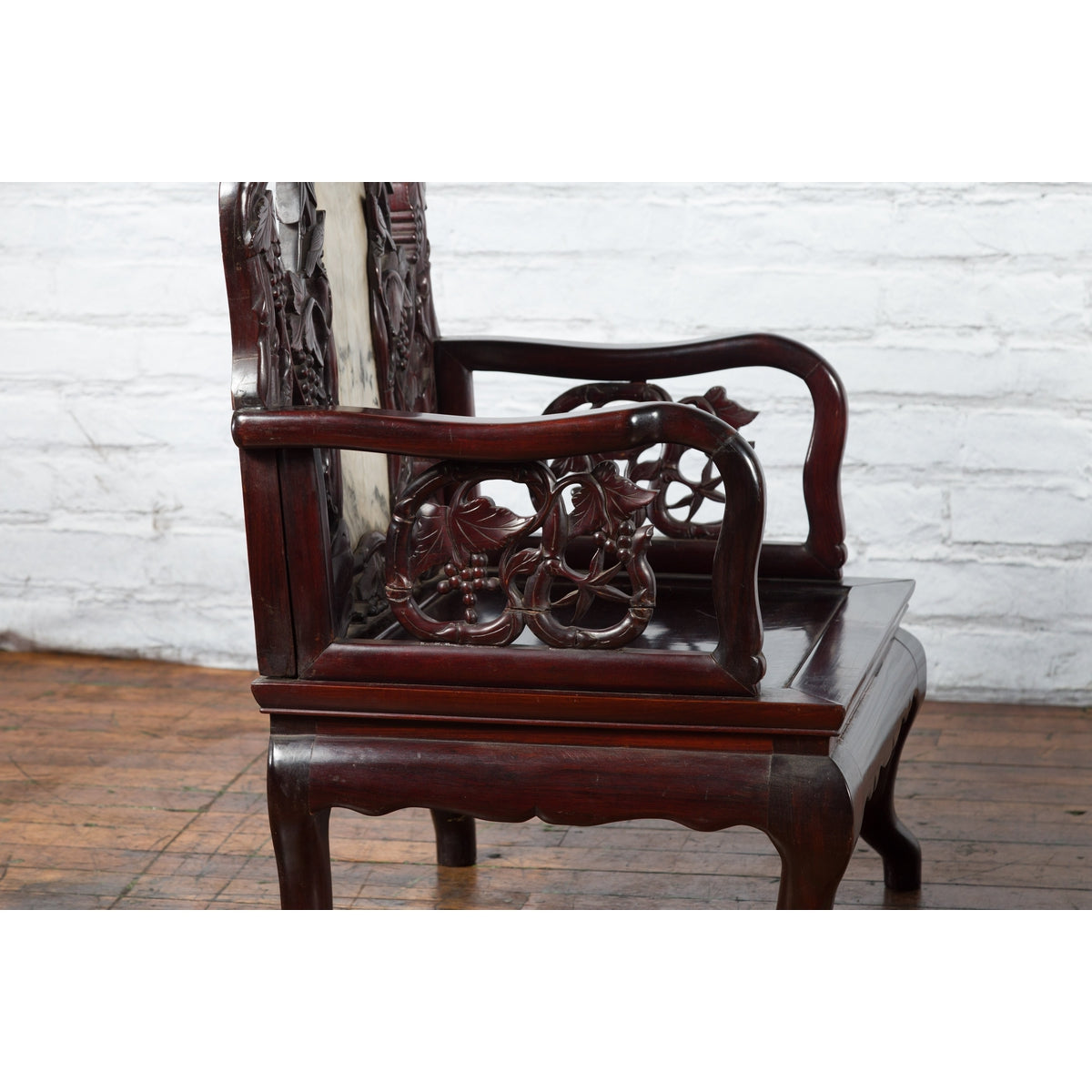 Pair of Chinese Hand Carved Rosewood Armchairs with Marble Splat and Dark Patina-22. Asian &amp; Chinese Furniture, Art, Antiques, Vintage Home Décor for sale at FEA Home