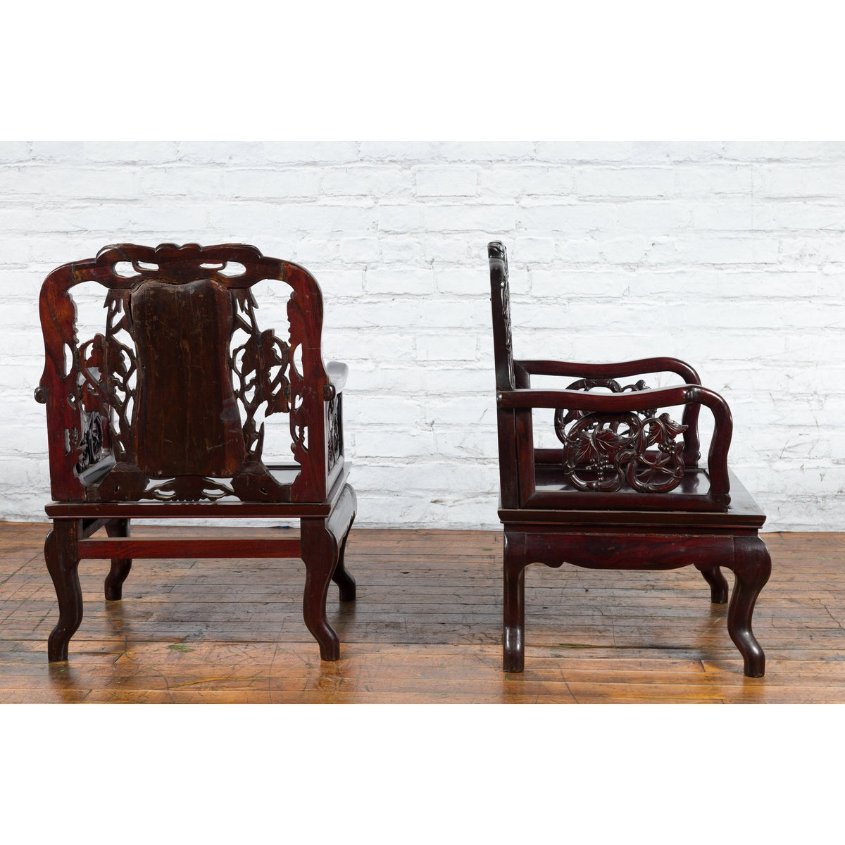 Pair of Chinese Hand Carved Rosewood Armchairs with Marble Splat and Dark Patina-6. Asian &amp; Chinese Furniture, Art, Antiques, Vintage Home Décor for sale at FEA Home