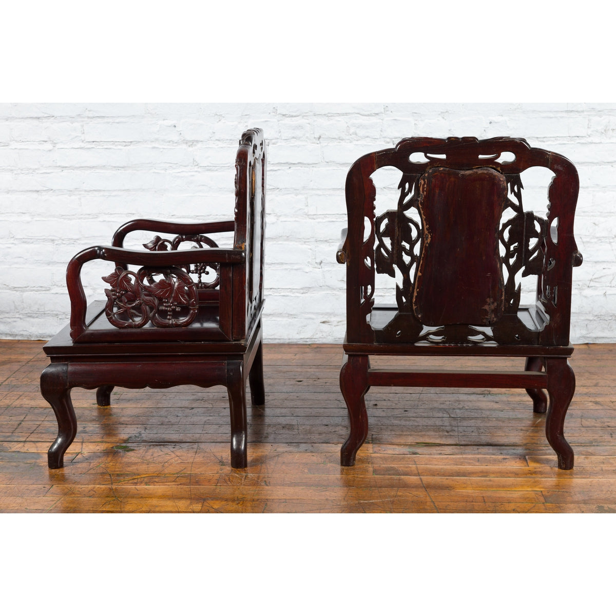 Pair of Chinese Hand Carved Rosewood Armchairs with Marble Splat and Dark Patina-5. Asian &amp; Chinese Furniture, Art, Antiques, Vintage Home Décor for sale at FEA Home