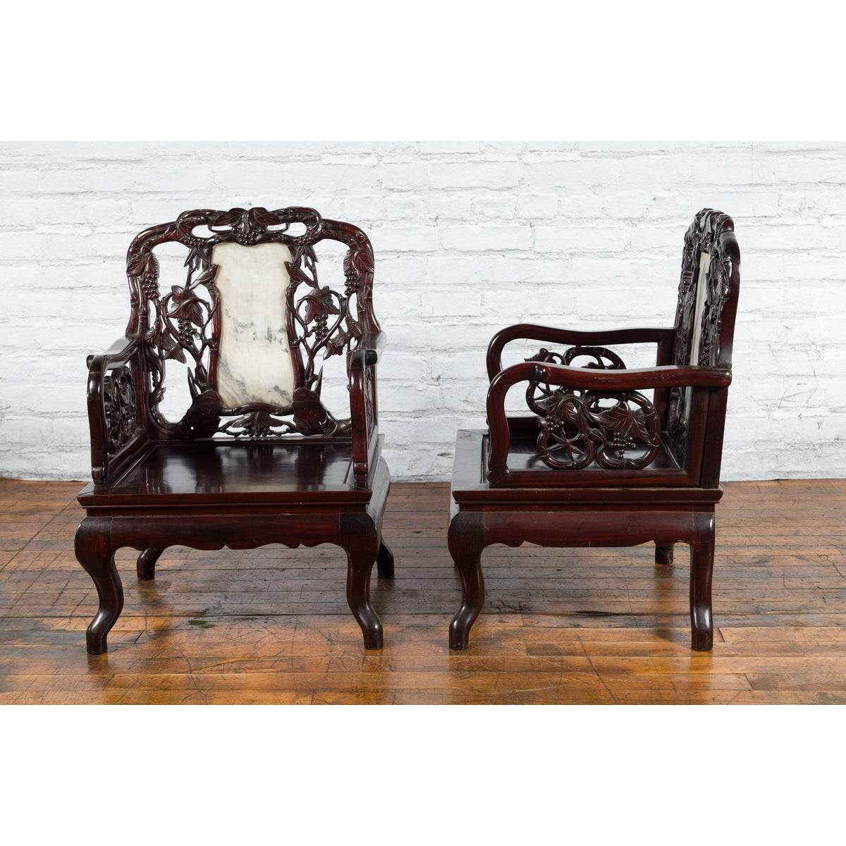 Pair of Chinese Hand Carved Rosewood Armchairs with Marble Splat and Dark Patina-8. Asian &amp; Chinese Furniture, Art, Antiques, Vintage Home Décor for sale at FEA Home