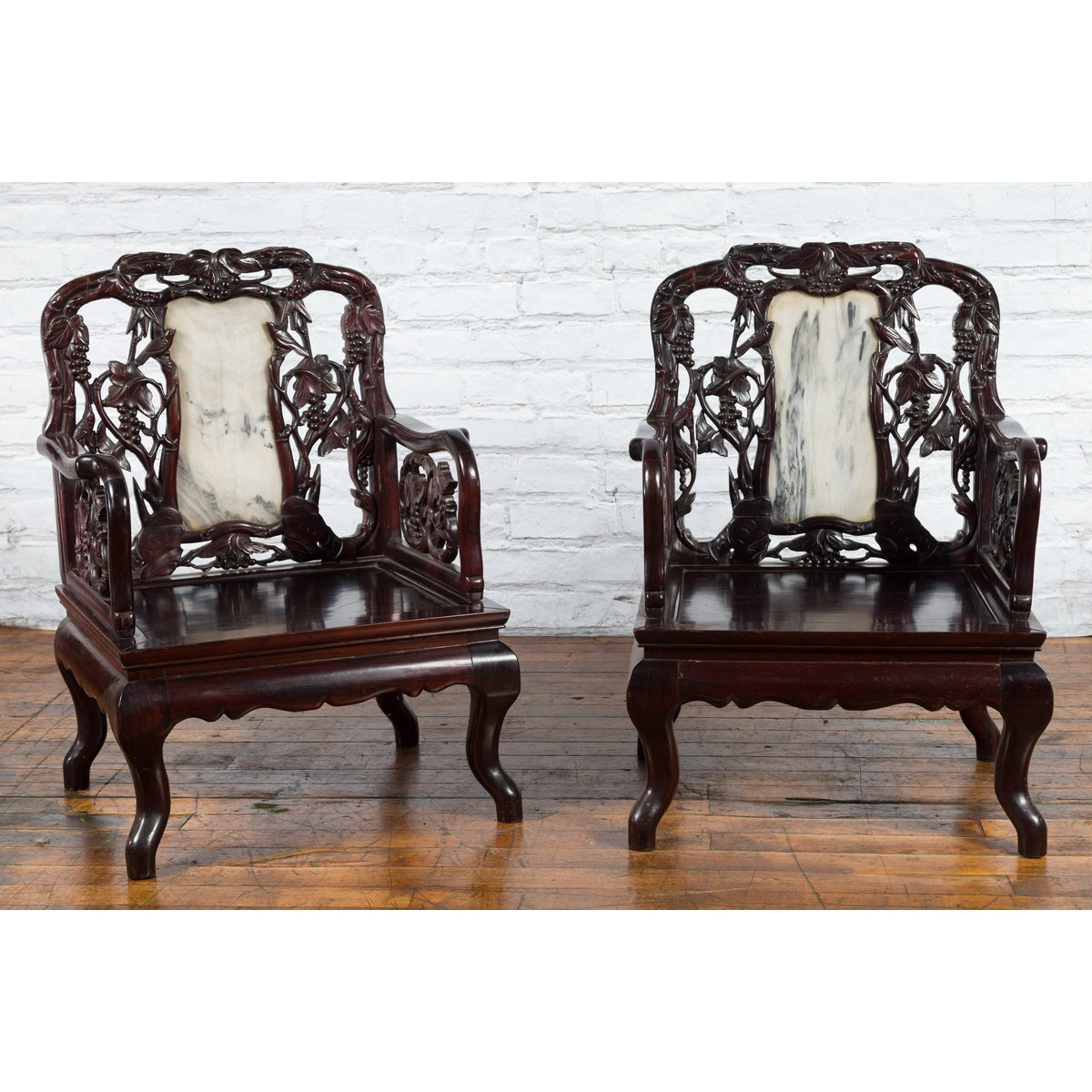 Pair of Chinese Hand Carved Rosewood Armchairs with Marble Splat and Dark Patina-3. Asian &amp; Chinese Furniture, Art, Antiques, Vintage Home Décor for sale at FEA Home