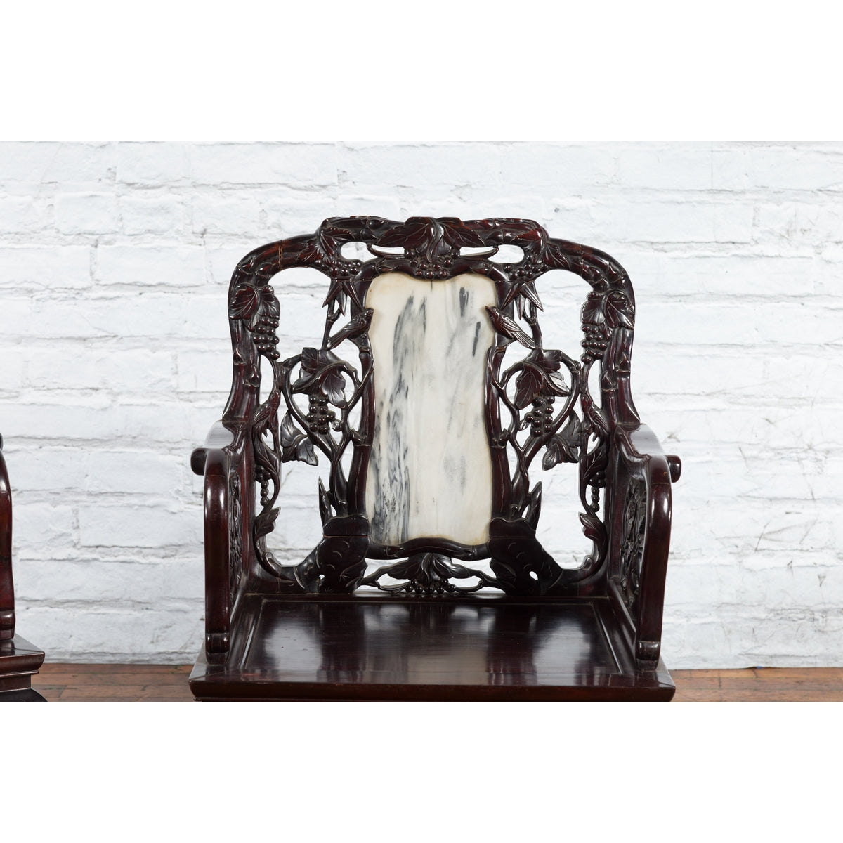 Pair of Chinese Hand Carved Rosewood Armchairs with Marble Splat and Dark Patina-25. Asian &amp; Chinese Furniture, Art, Antiques, Vintage Home Décor for sale at FEA Home