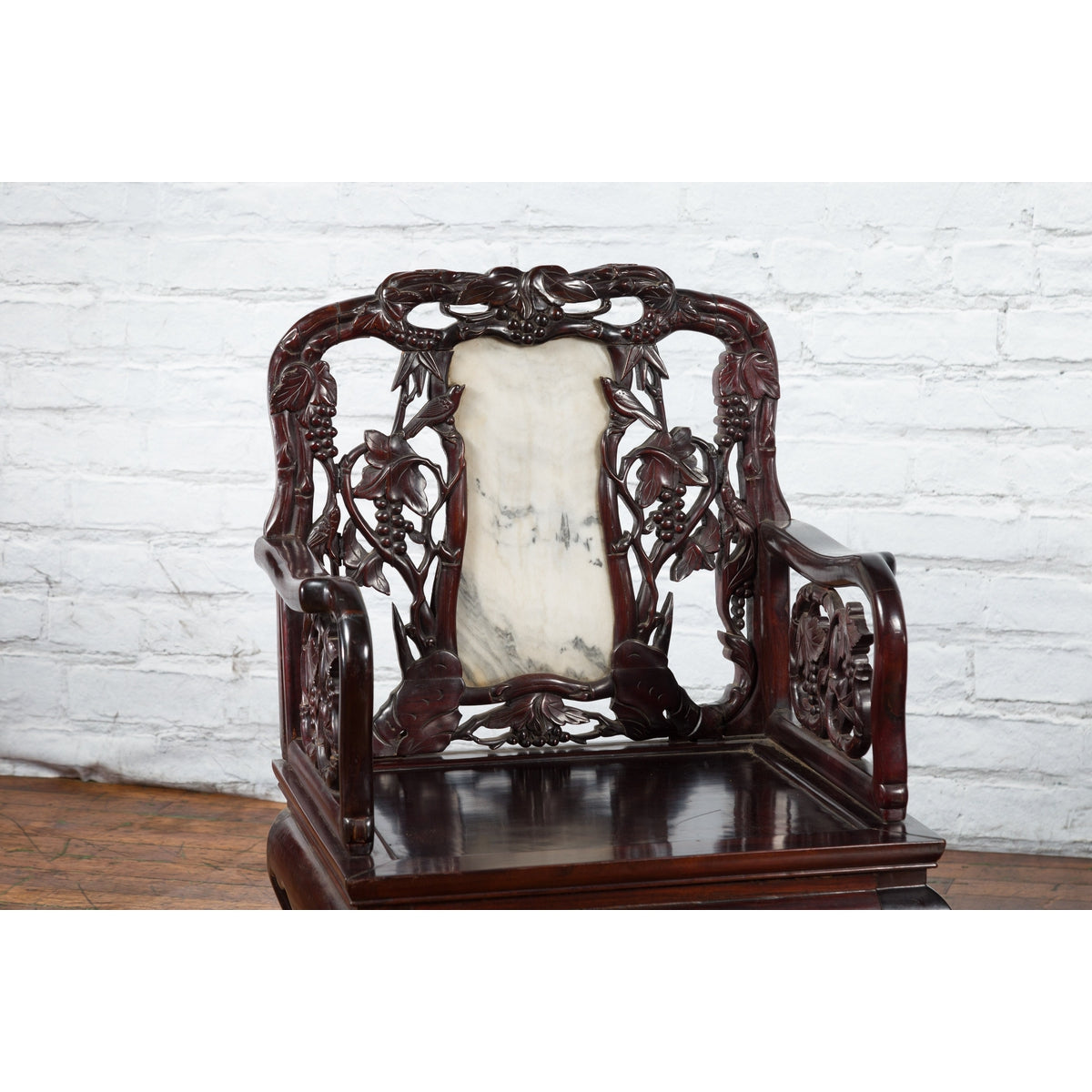 Pair of Chinese Hand Carved Rosewood Armchairs with Marble Splat and Dark Patina-9. Asian &amp; Chinese Furniture, Art, Antiques, Vintage Home Décor for sale at FEA Home