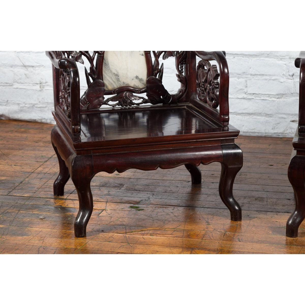 Pair of Chinese Hand Carved Rosewood Armchairs with Marble Splat and Dark Patina-10. Asian &amp; Chinese Furniture, Art, Antiques, Vintage Home Décor for sale at FEA Home