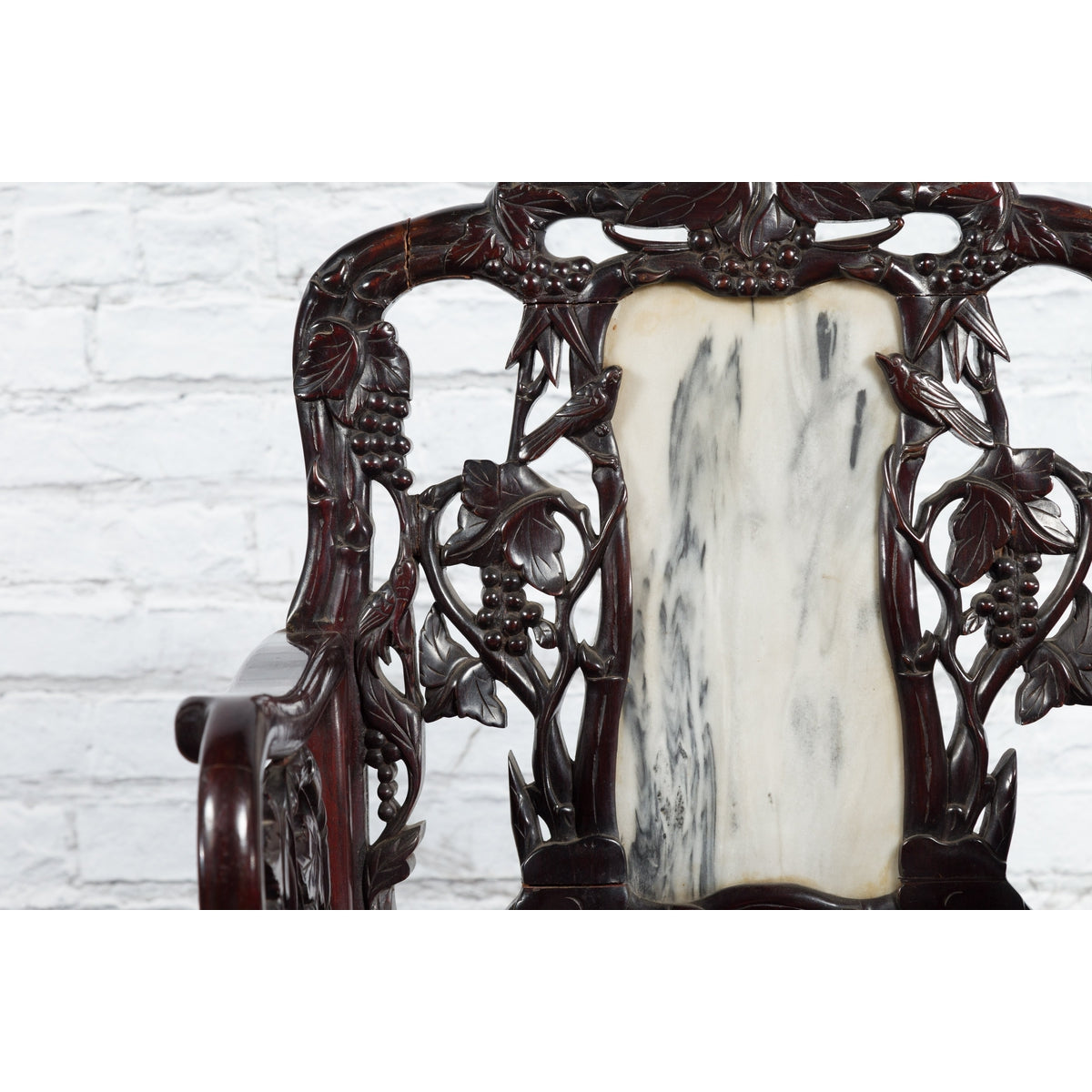 Pair of Chinese Hand Carved Rosewood Armchairs with Marble Splat and Dark Patina-12. Asian &amp; Chinese Furniture, Art, Antiques, Vintage Home Décor for sale at FEA Home