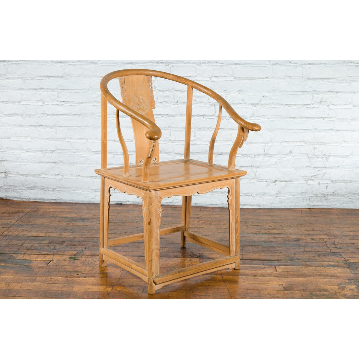 Ming Style Chinese Natural Wood Horseshoe Armchair with Carved Splat and Apron-3. Asian &amp; Chinese Furniture, Art, Antiques, Vintage Home Décor for sale at FEA Home