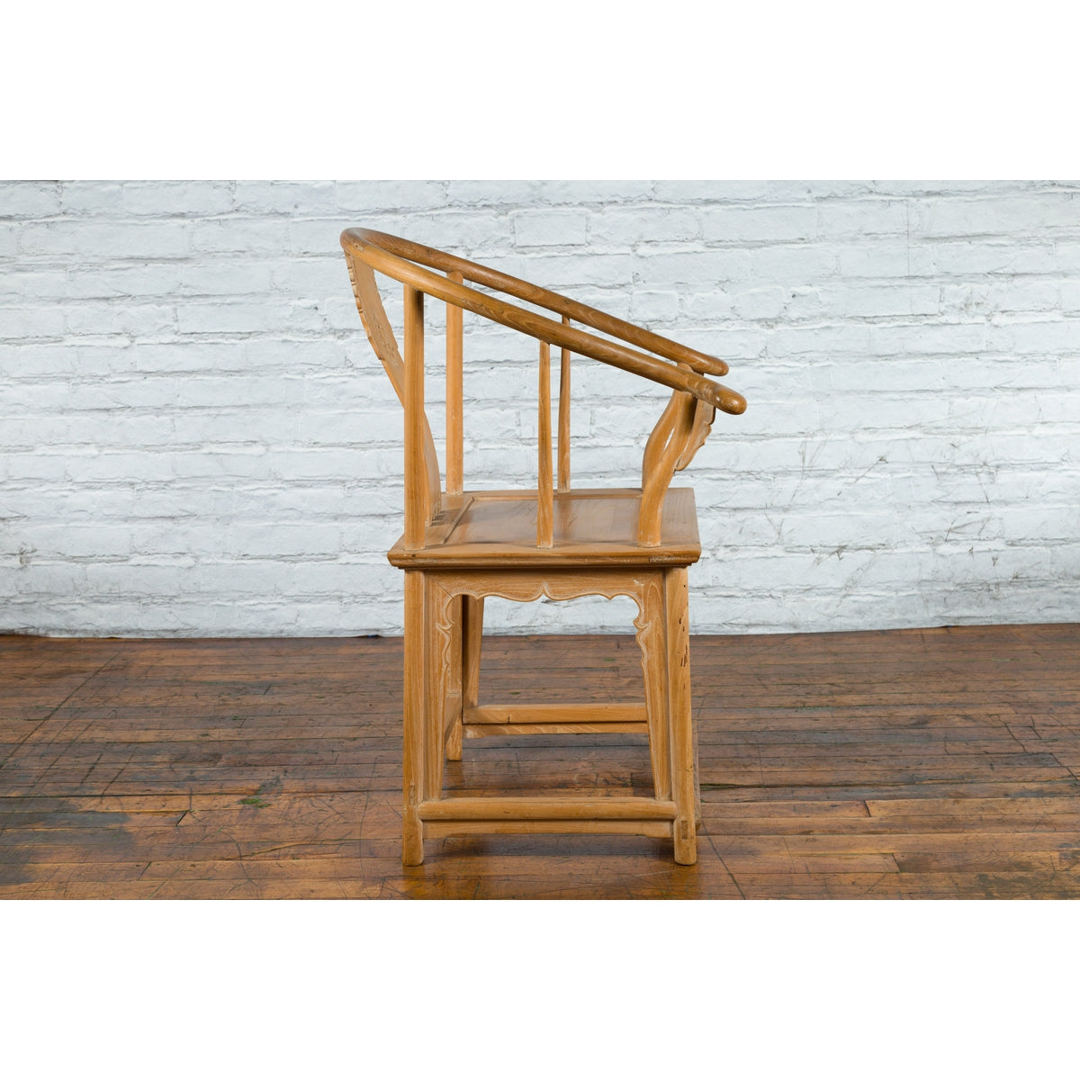 Ming Style Chinese Natural Wood Horseshoe Armchair with Carved Splat and Apron-4. Asian &amp; Chinese Furniture, Art, Antiques, Vintage Home Décor for sale at FEA Home