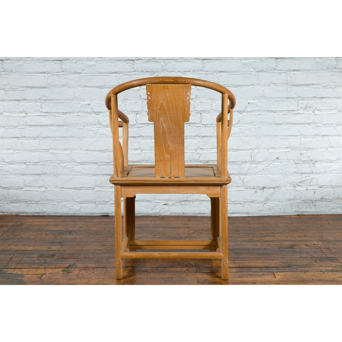 Ming Style Chinese Natural Wood Horseshoe Armchair with Carved Splat and Apron-11. Asian &amp; Chinese Furniture, Art, Antiques, Vintage Home Décor for sale at FEA Home