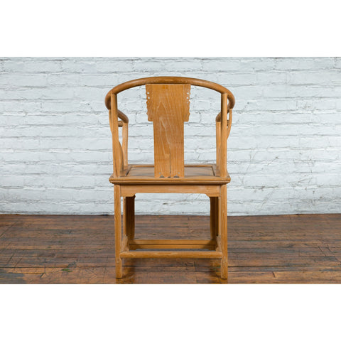 Ming Style Chinese Natural Wood Horseshoe Armchair with Carved Splat and Apron - Antique and Vintage Asian Furniture for Sale at FEA Home