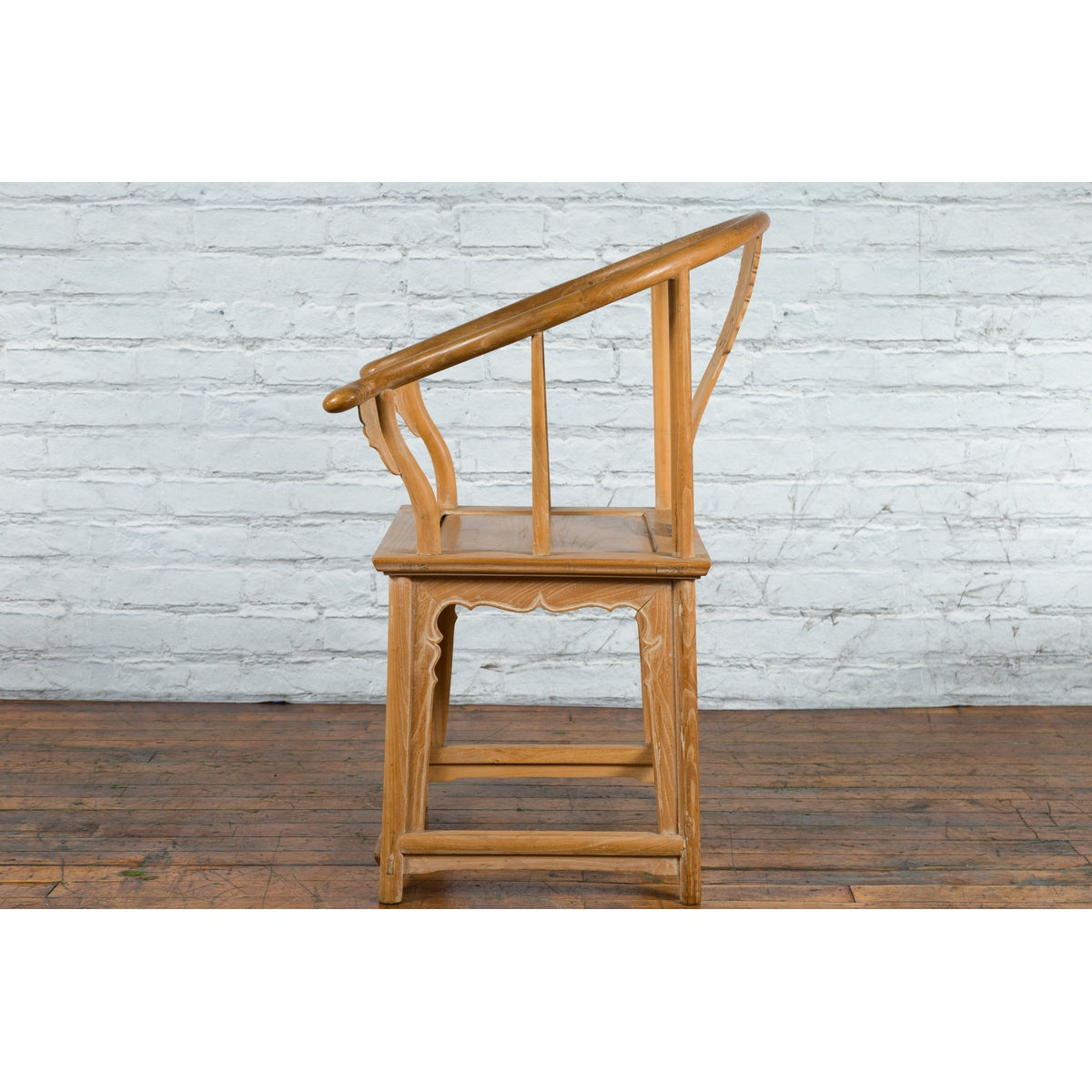 Ming Style Chinese Natural Wood Horseshoe Armchair with Carved Splat and Apron-5. Asian &amp; Chinese Furniture, Art, Antiques, Vintage Home Décor for sale at FEA Home