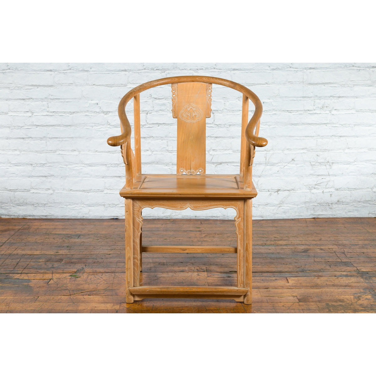 Ming Style Chinese Natural Wood Horseshoe Armchair with Carved Splat and Apron-15. Asian &amp; Chinese Furniture, Art, Antiques, Vintage Home Décor for sale at FEA Home