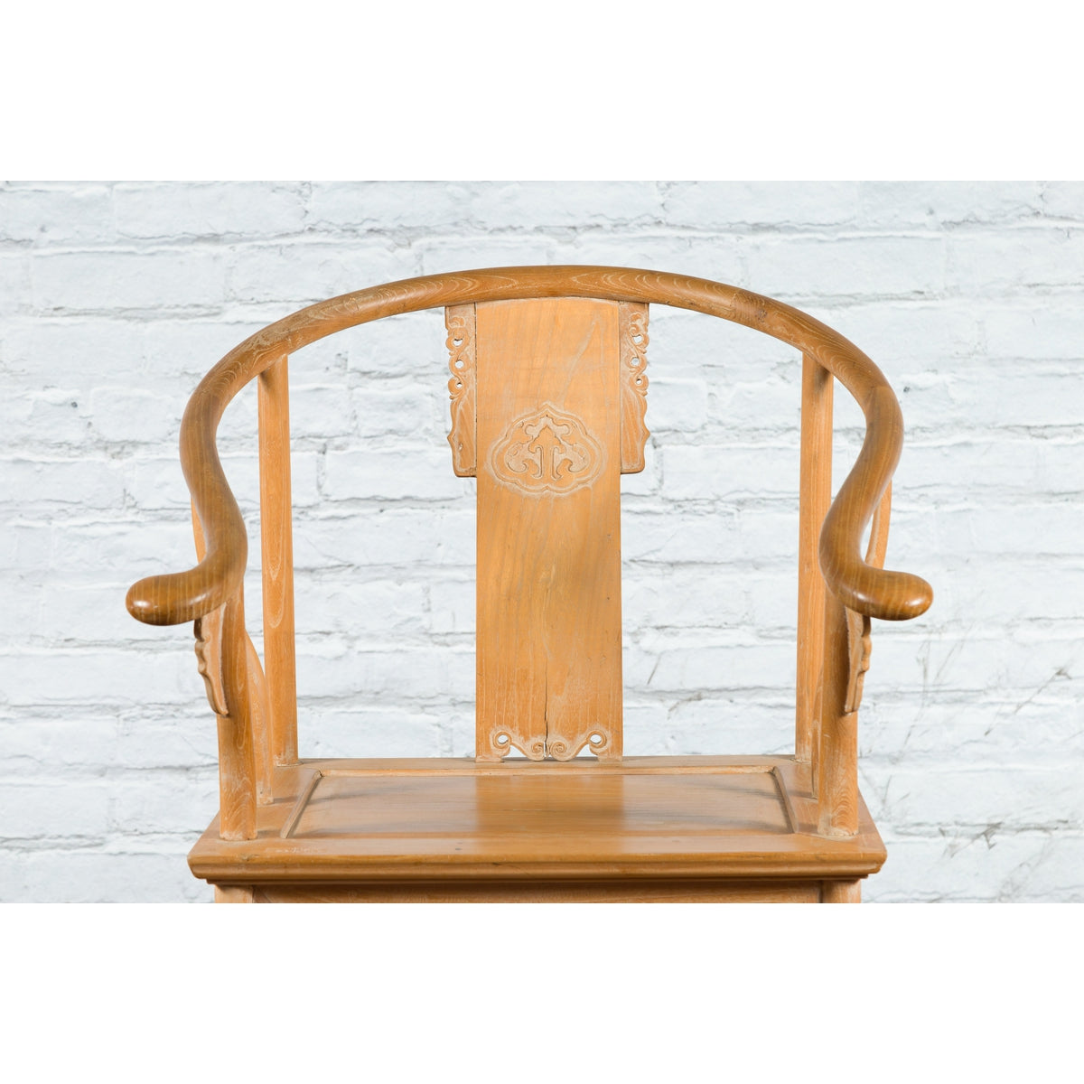 Ming Style Chinese Natural Wood Horseshoe Armchair with Carved Splat and Apron-6. Asian &amp; Chinese Furniture, Art, Antiques, Vintage Home Décor for sale at FEA Home