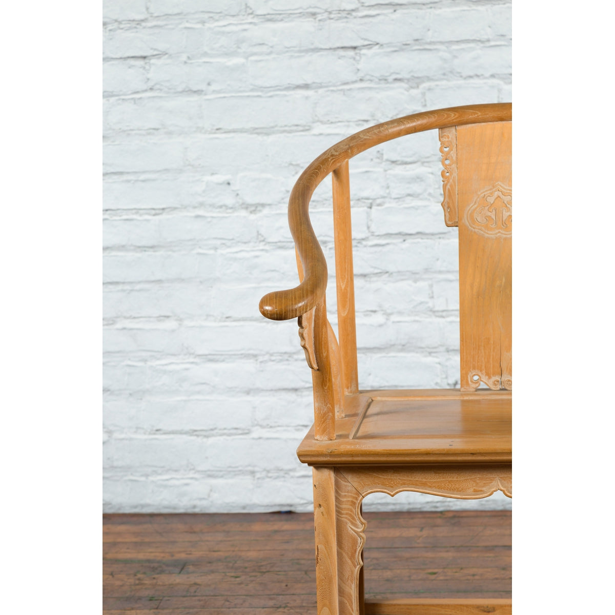 Ming Style Chinese Natural Wood Horseshoe Armchair with Carved Splat and Apron-8. Asian &amp; Chinese Furniture, Art, Antiques, Vintage Home Décor for sale at FEA Home