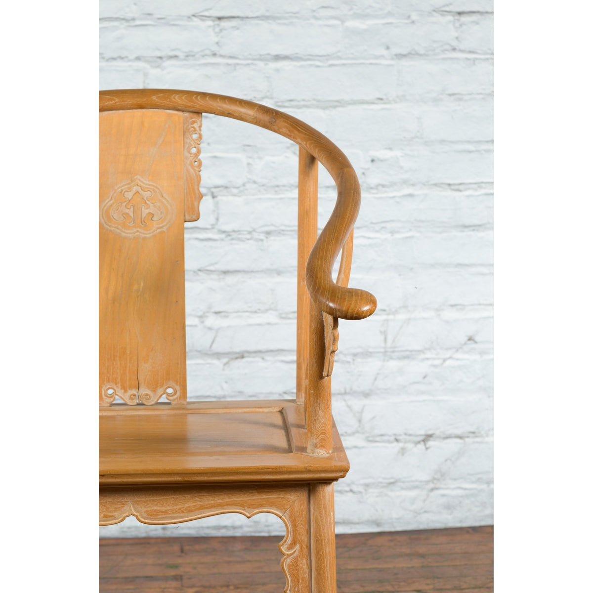 Ming Style Chinese Natural Wood Horseshoe Armchair with Carved Splat and Apron-9. Asian &amp; Chinese Furniture, Art, Antiques, Vintage Home Décor for sale at FEA Home