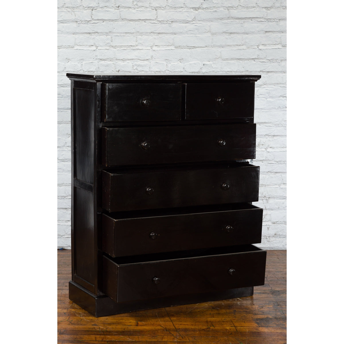 Vintage Chinese Tall Black Lacquered Elmwood Chest with Six Drawers-4. Asian &amp; Chinese Furniture, Art, Antiques, Vintage Home Décor for sale at FEA Home