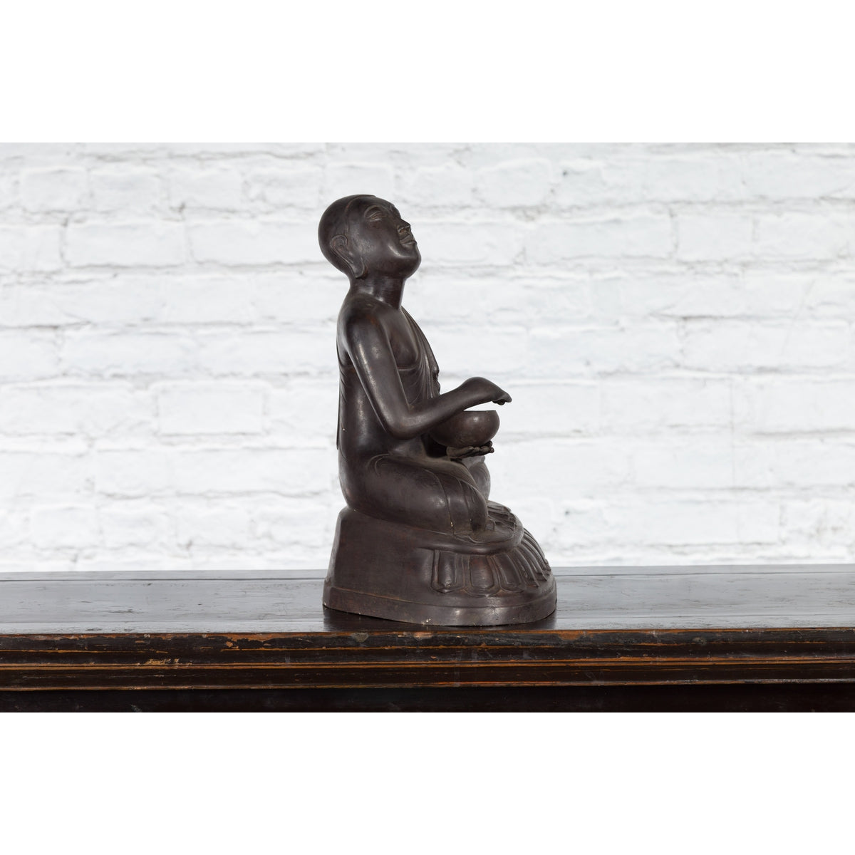Bronze Lost Wax Sculpture Depicting a Praying Buddhist Monk with Offering Bowl-11. Asian &amp; Chinese Furniture, Art, Antiques, Vintage Home Décor for sale at FEA Home