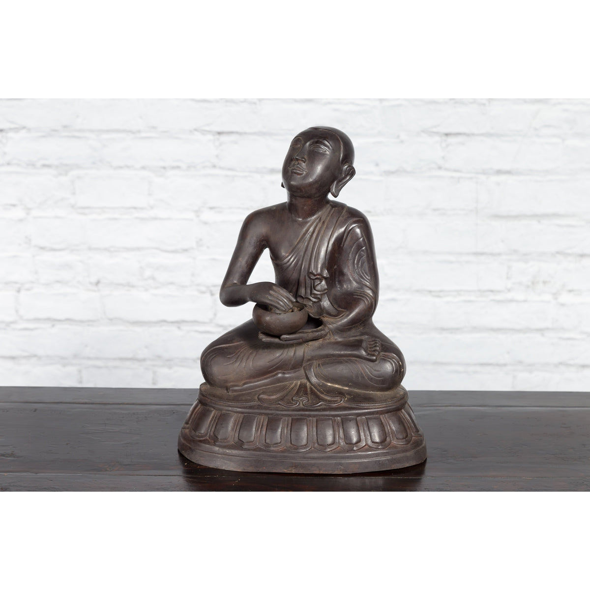 Bronze Lost Wax Sculpture Depicting a Praying Buddhist Monk with Offering Bowl-5. Asian &amp; Chinese Furniture, Art, Antiques, Vintage Home Décor for sale at FEA Home