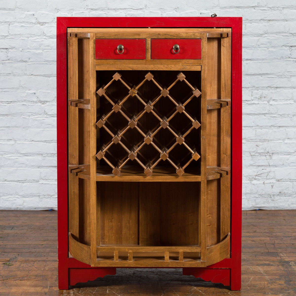 Chinese Antique Style Red Lacquered Liquor Cabinet with Revolving Hidden Panel-4. Asian &amp; Chinese Furniture, Art, Antiques, Vintage Home Décor for sale at FEA Home