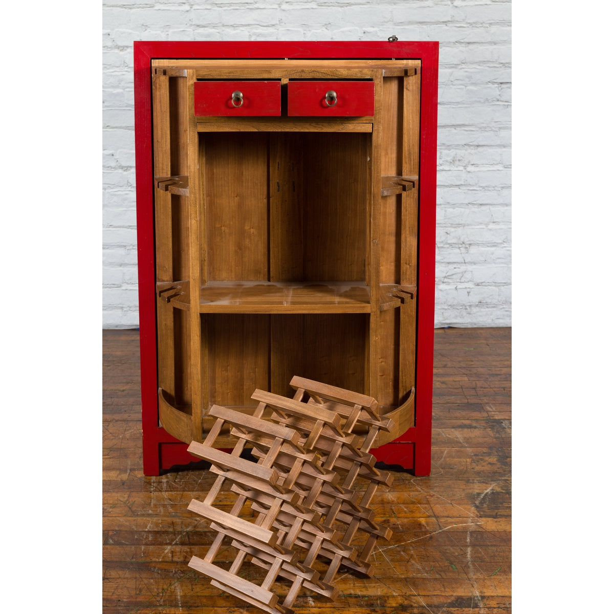 Chinese Antique Style Red Lacquered Liquor Cabinet with Revolving Hidden Panel-5. Asian &amp; Chinese Furniture, Art, Antiques, Vintage Home Décor for sale at FEA Home