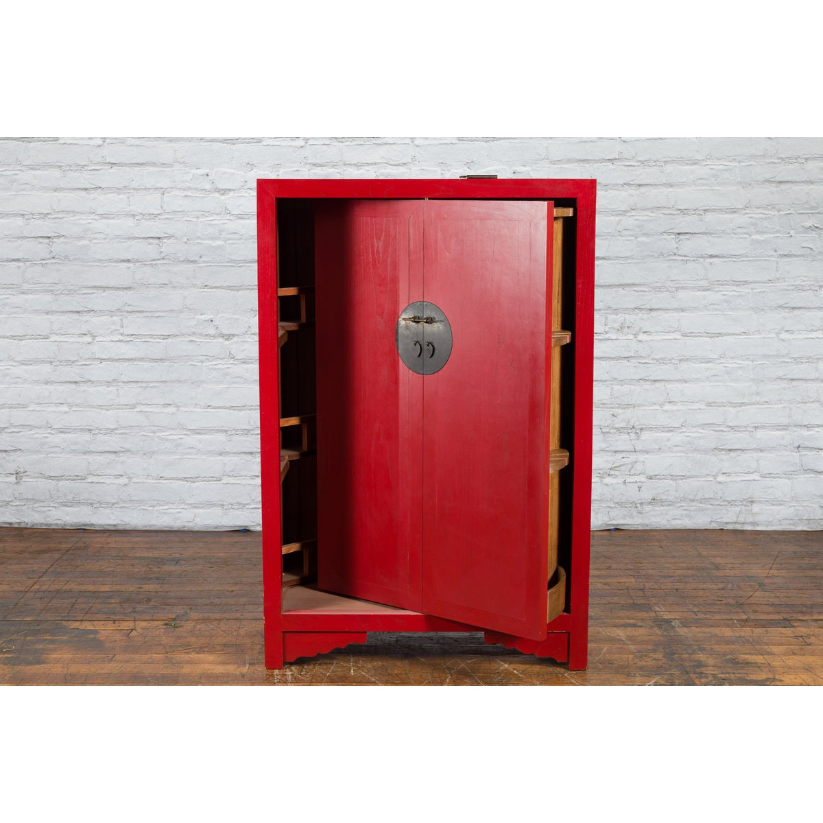 Chinese Antique Style Red Lacquered Liquor Cabinet with Revolving Hidden Panel-15. Asian &amp; Chinese Furniture, Art, Antiques, Vintage Home Décor for sale at FEA Home