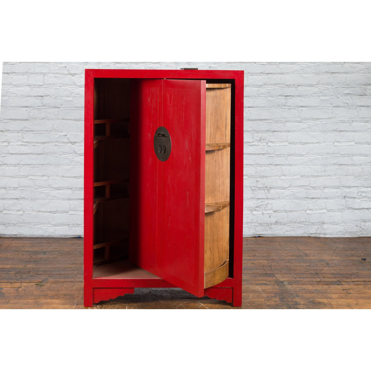 Chinese Antique Style Red Lacquered Liquor Cabinet with Revolving Hidden Panel-6. Asian &amp; Chinese Furniture, Art, Antiques, Vintage Home Décor for sale at FEA Home