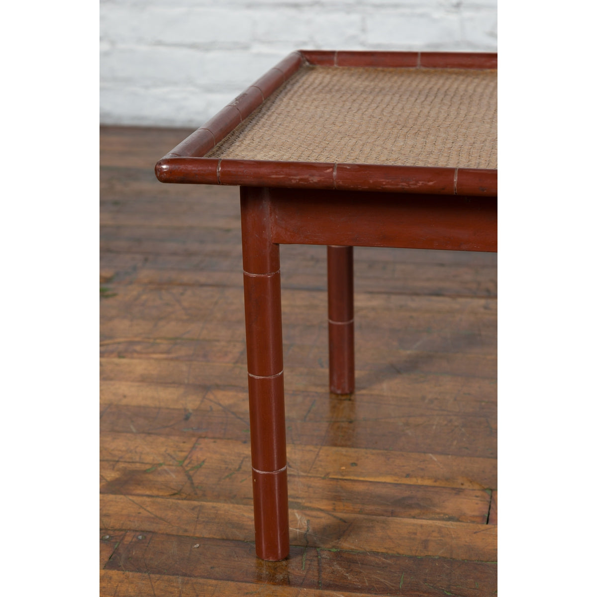 Vintage Thai Red Lacquered Faux Bamboo Coffee Table with Woven Rattan Top-11. Asian &amp; Chinese Furniture, Art, Antiques, Vintage Home Décor for sale at FEA Home