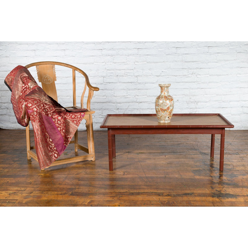 Vintage Thai Red Lacquered Faux Bamboo Coffee Table with Woven Rattan Top - Antique and Vintage Asian Furniture for Sale at FEA Home