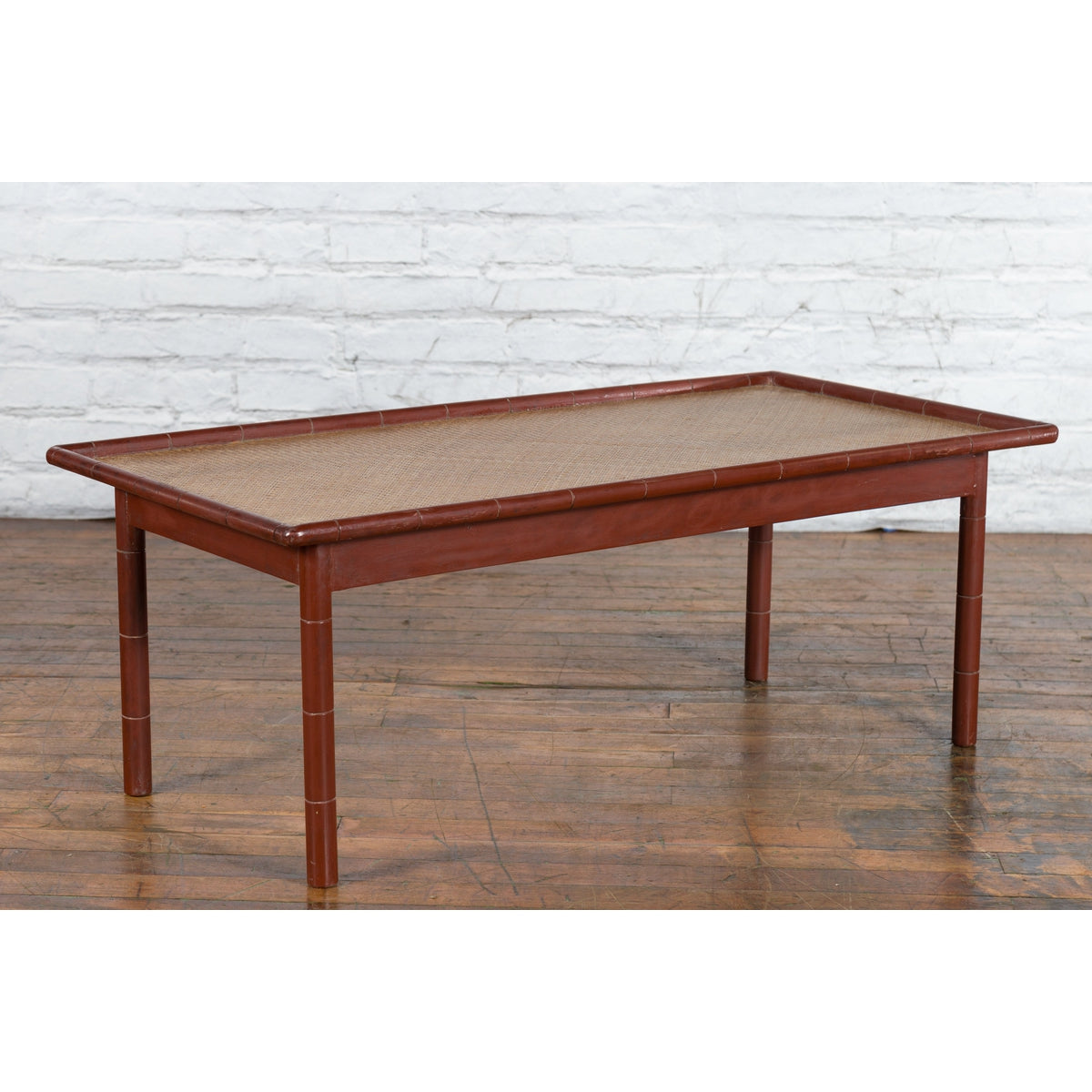 Vintage Thai Red Lacquered Faux Bamboo Coffee Table with Woven Rattan Top-2. Asian & Chinese Furniture, Art, Antiques, Vintage Home Décor for sale at FEA Home