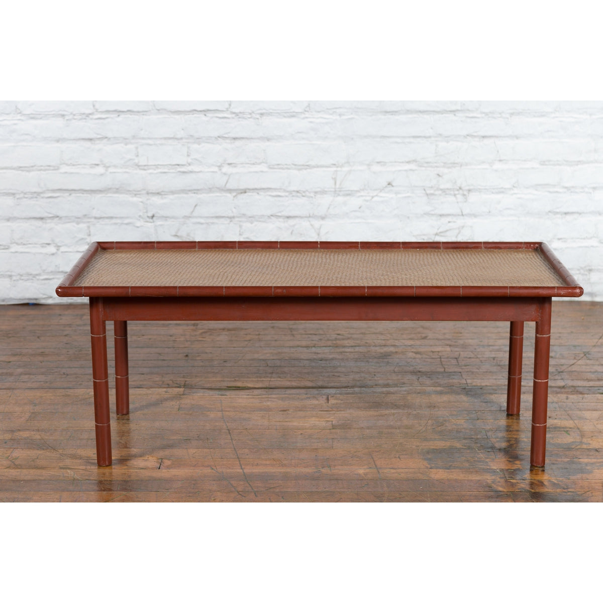 Vintage Thai Red Lacquered Faux Bamboo Coffee Table with Woven Rattan Top-7. Asian &amp; Chinese Furniture, Art, Antiques, Vintage Home Décor for sale at FEA Home