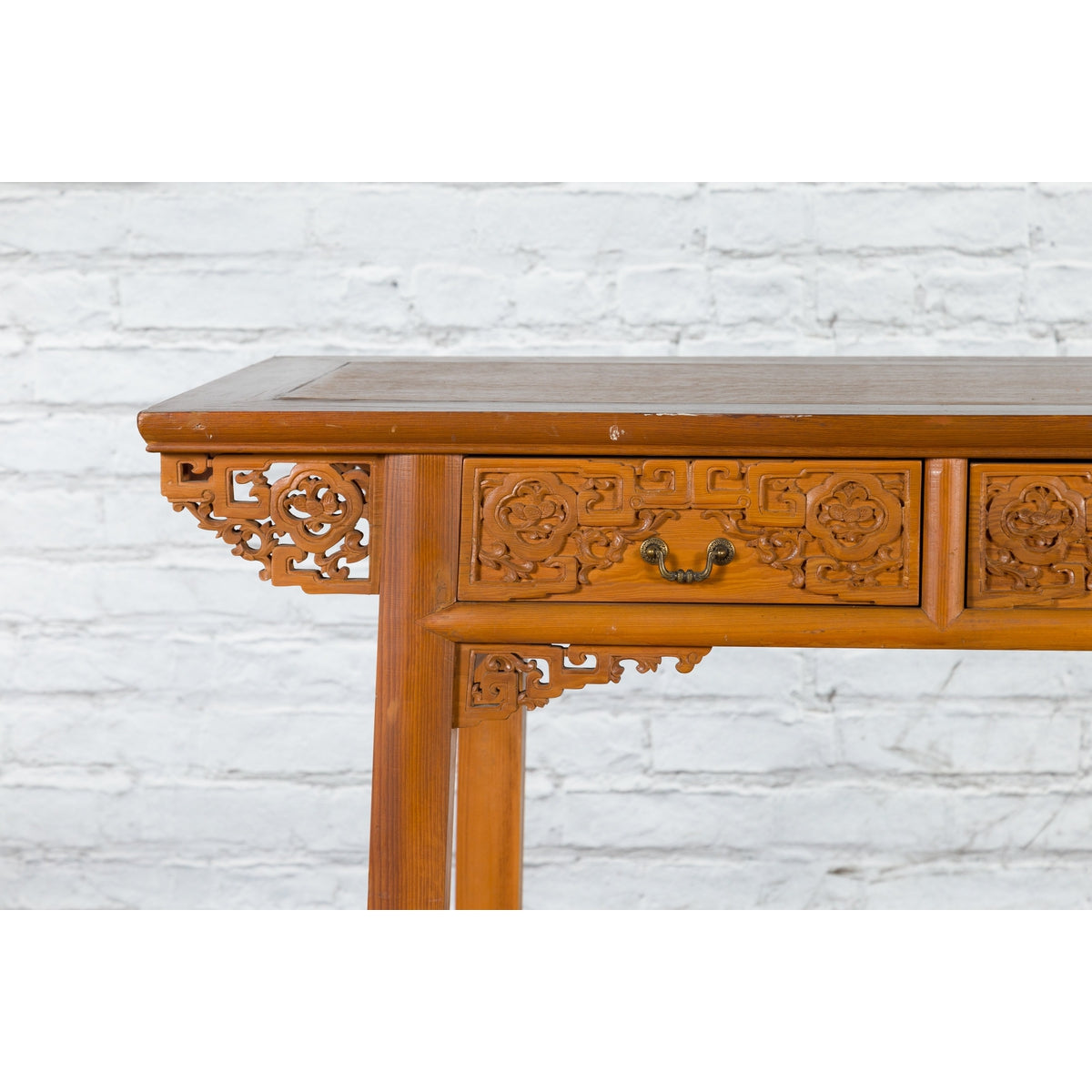 Chinese Qing Dynasty 19th Century Desk with Carved Frieze and Two Drawers-2. Asian & Chinese Furniture, Art, Antiques, Vintage Home Décor for sale at FEA Home