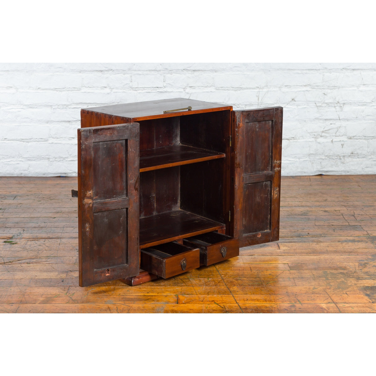 Chinese Qing Dynasty 19th Century Brown Elm Side Cabinet with Bronze Hardware-12. Asian &amp; Chinese Furniture, Art, Antiques, Vintage Home Décor for sale at FEA Home