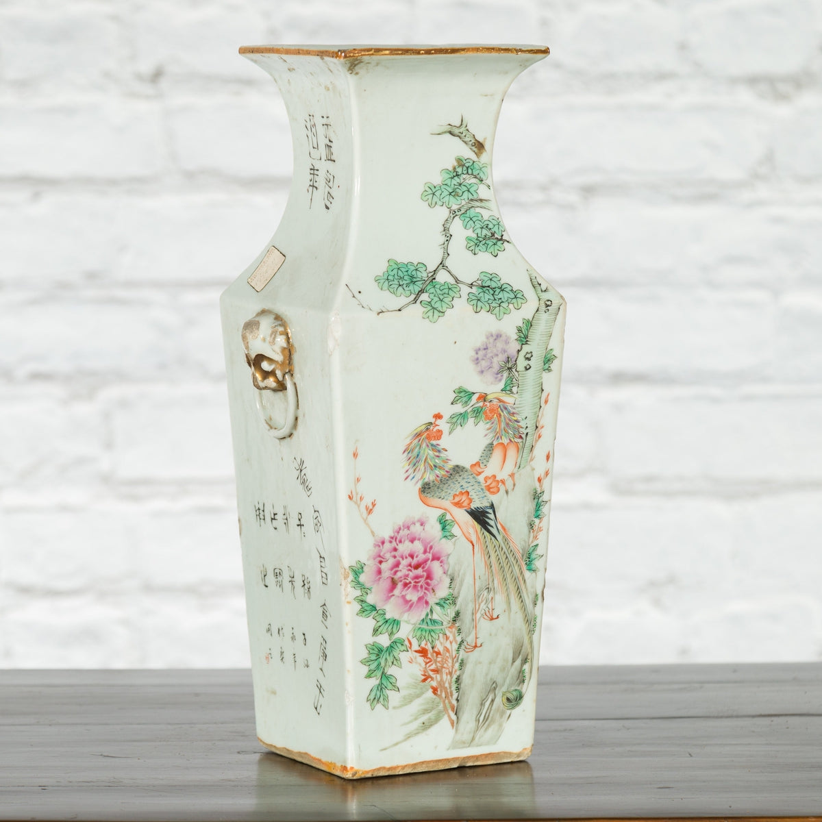 Chinese Qing 19th Century Altar Vase with Hand-Painted Flowers and Birds-4. Asian &amp; Chinese Furniture, Art, Antiques, Vintage Home Décor for sale at FEA Home