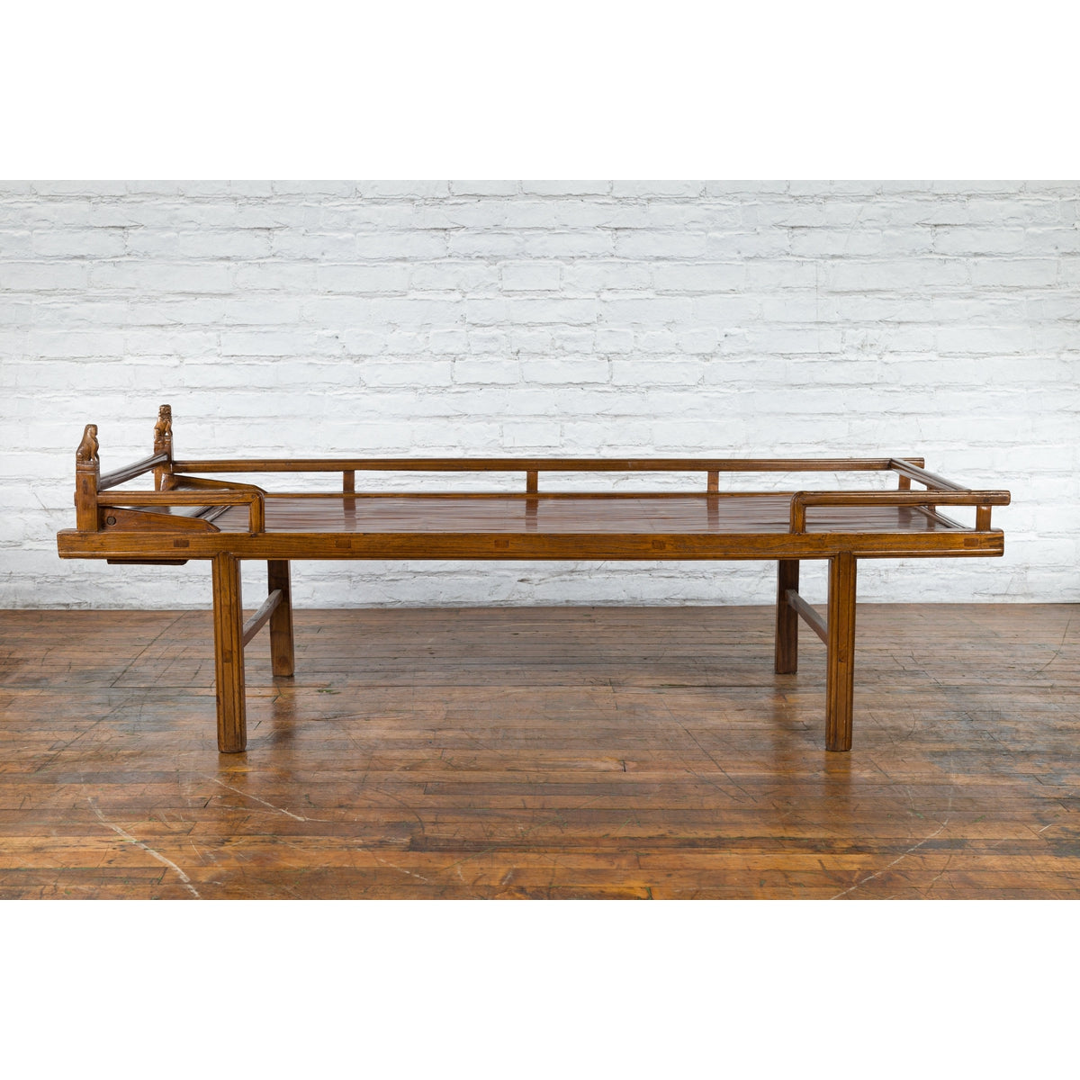 Chinese Qing Dynasty 19th Century Elm Daybed with Bamboo Seat and Guardian Lions-2. Asian & Chinese Furniture, Art, Antiques, Vintage Home Décor for sale at FEA Home
