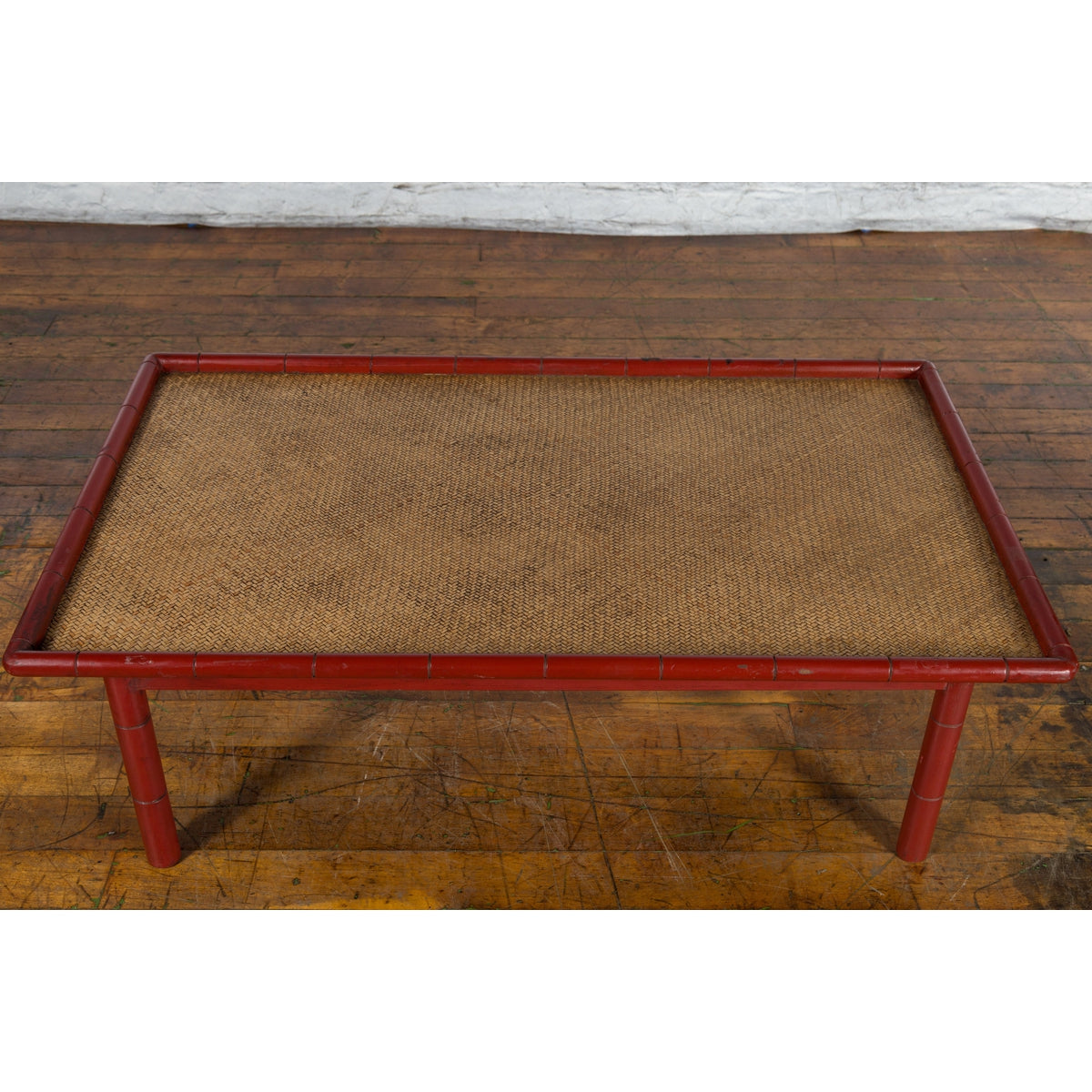 Vintage Burmese Red Lacquered Faux Bamboo Coffee Table with Woven Rattan Top-9. Asian &amp; Chinese Furniture, Art, Antiques, Vintage Home Décor for sale at FEA Home