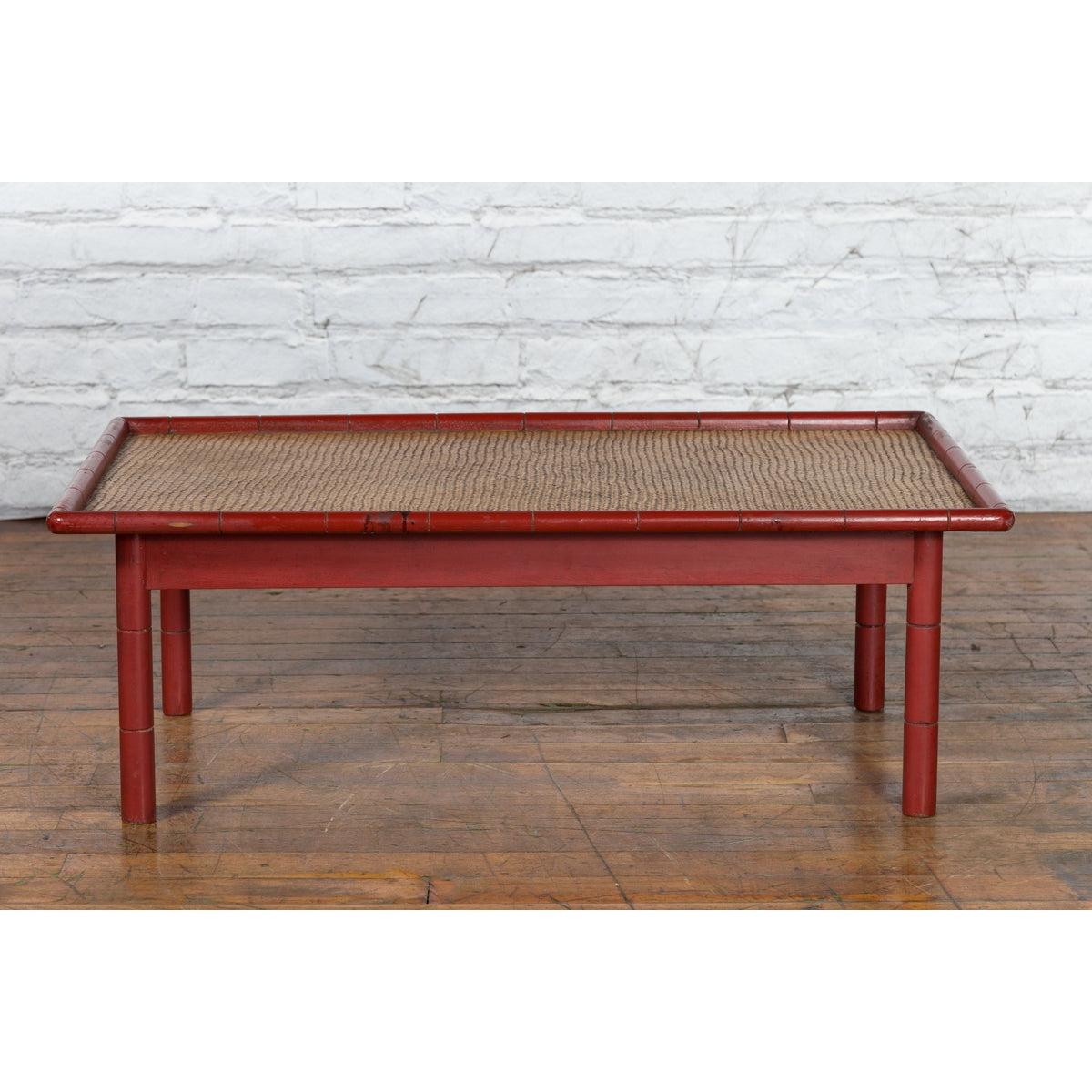 Vintage Burmese Red Lacquered Faux Bamboo Coffee Table with Woven Rattan Top-3. Asian &amp; Chinese Furniture, Art, Antiques, Vintage Home Décor for sale at FEA Home