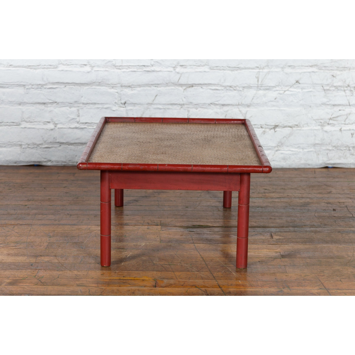 Vintage Burmese Red Lacquered Faux Bamboo Coffee Table with Woven Rattan Top-4. Asian &amp; Chinese Furniture, Art, Antiques, Vintage Home Décor for sale at FEA Home