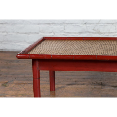 Vintage Burmese Red Lacquered Faux Bamboo Coffee Table with Woven Rattan Top - Antique and Vintage Asian Furniture for Sale at FEA Home