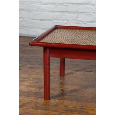 Vintage Burmese Red Lacquered Faux Bamboo Coffee Table with Woven Rattan Top - Antique and Vintage Asian Furniture for Sale at FEA Home