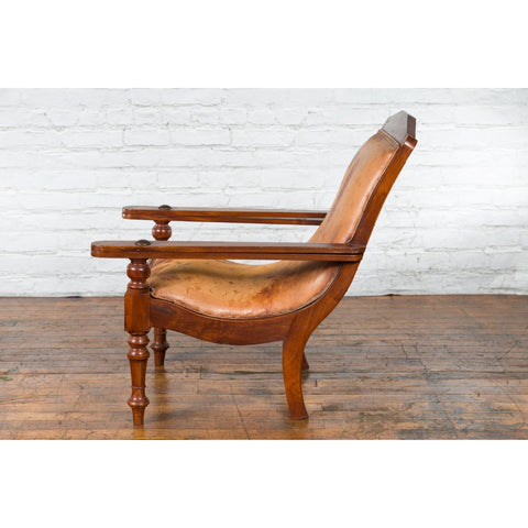 Dutch Colonial Early 20th Century Plantation Lounge Chair with Brown Leather-YN4983-13. Asian & Chinese Furniture, Art, Antiques, Vintage Home Décor for sale at FEA Home