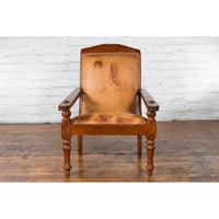 Dutch Colonial Early 20th Century Plantation Lounge Chair with Brown Leather