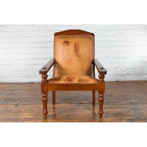 Dutch Colonial Early 20th Century Plantation Lounge Chair with Brown Leather-YN4983-2. Asian & Chinese Furniture, Art, Antiques, Vintage Home Décor for sale at FEA Home