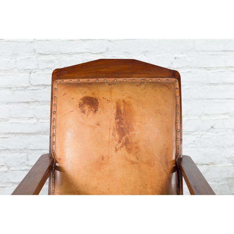 Dutch Colonial Early 20th Century Plantation Lounge Chair with Brown Leather-YN4983-6. Asian & Chinese Furniture, Art, Antiques, Vintage Home Décor for sale at FEA Home