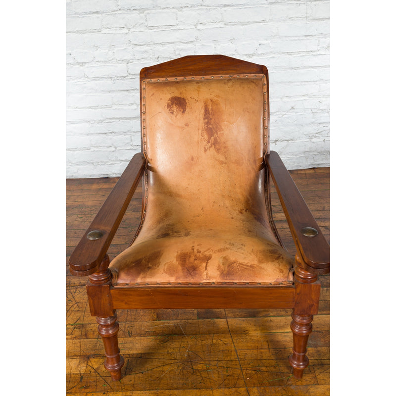 Dutch Colonial Early 20th Century Plantation Lounge Chair with Brown Leather-YN4983-8. Asian & Chinese Furniture, Art, Antiques, Vintage Home Décor for sale at FEA Home