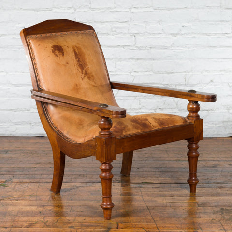 Dutch Colonial Early 20th Century Plantation Lounge Chair with Brown Leather-YN4983-3. Asian & Chinese Furniture, Art, Antiques, Vintage Home Décor for sale at FEA Home