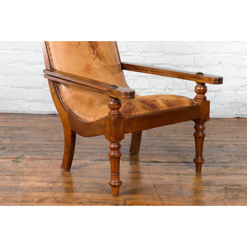 Dutch Colonial Early 20th Century Plantation Lounge Chair with Brown Leather-YN4983-10. Asian & Chinese Furniture, Art, Antiques, Vintage Home Décor for sale at FEA Home